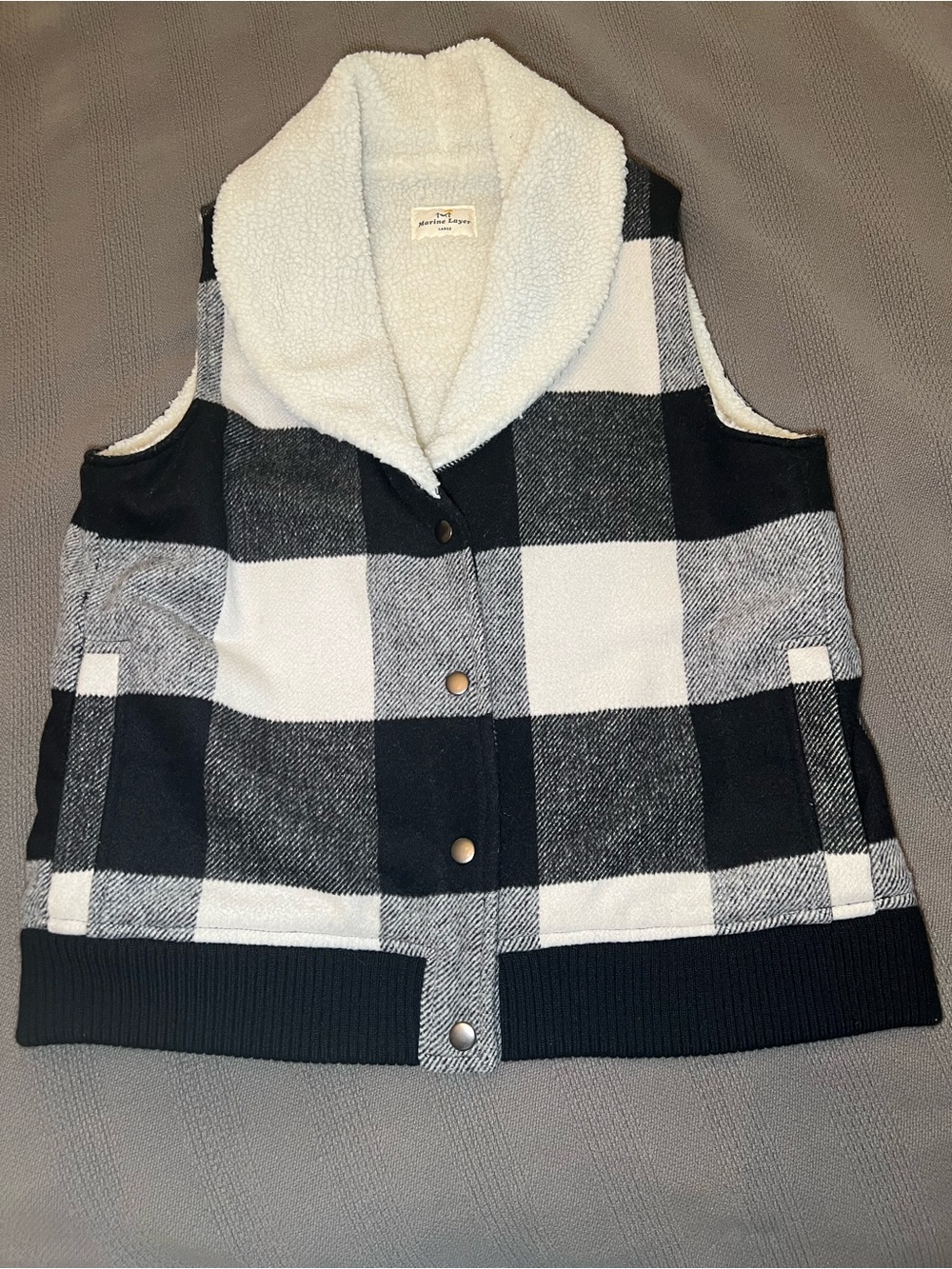 Marine Layer Cozy Black & White Buffalo Plaid Sherpa-Lined Vest